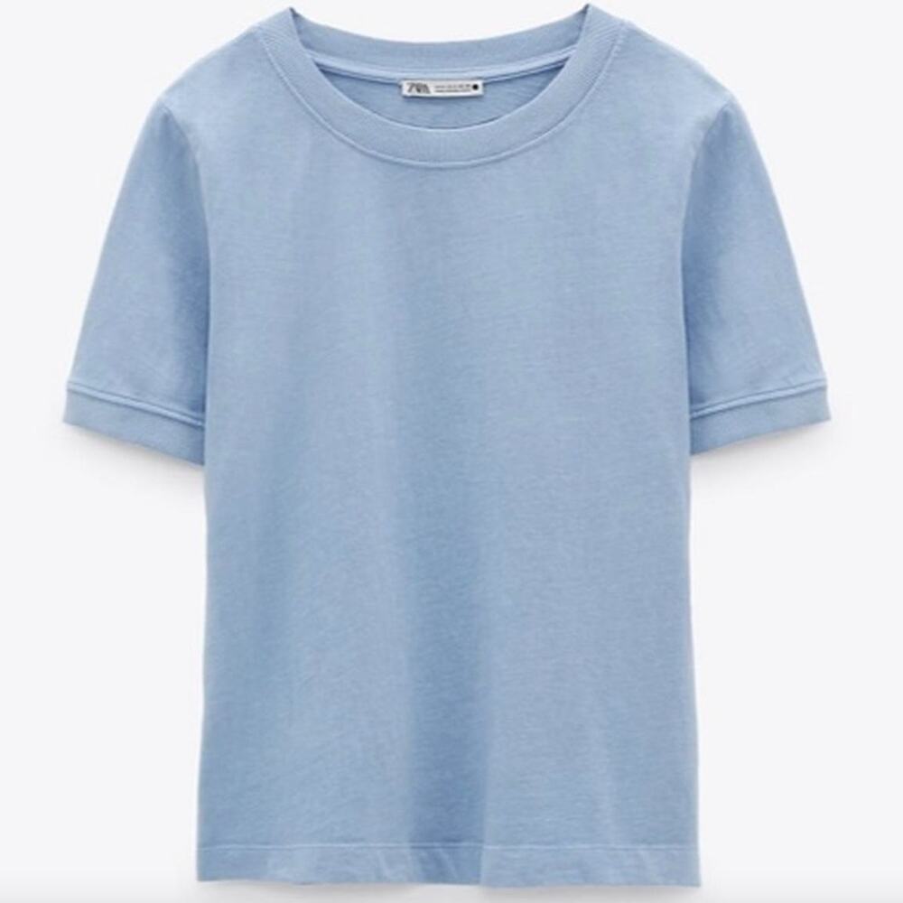 Zara Light Blue Short Sleeve Crew Neck Ribbed Trim Faded Thick T-Shirt • Sz S 🔴